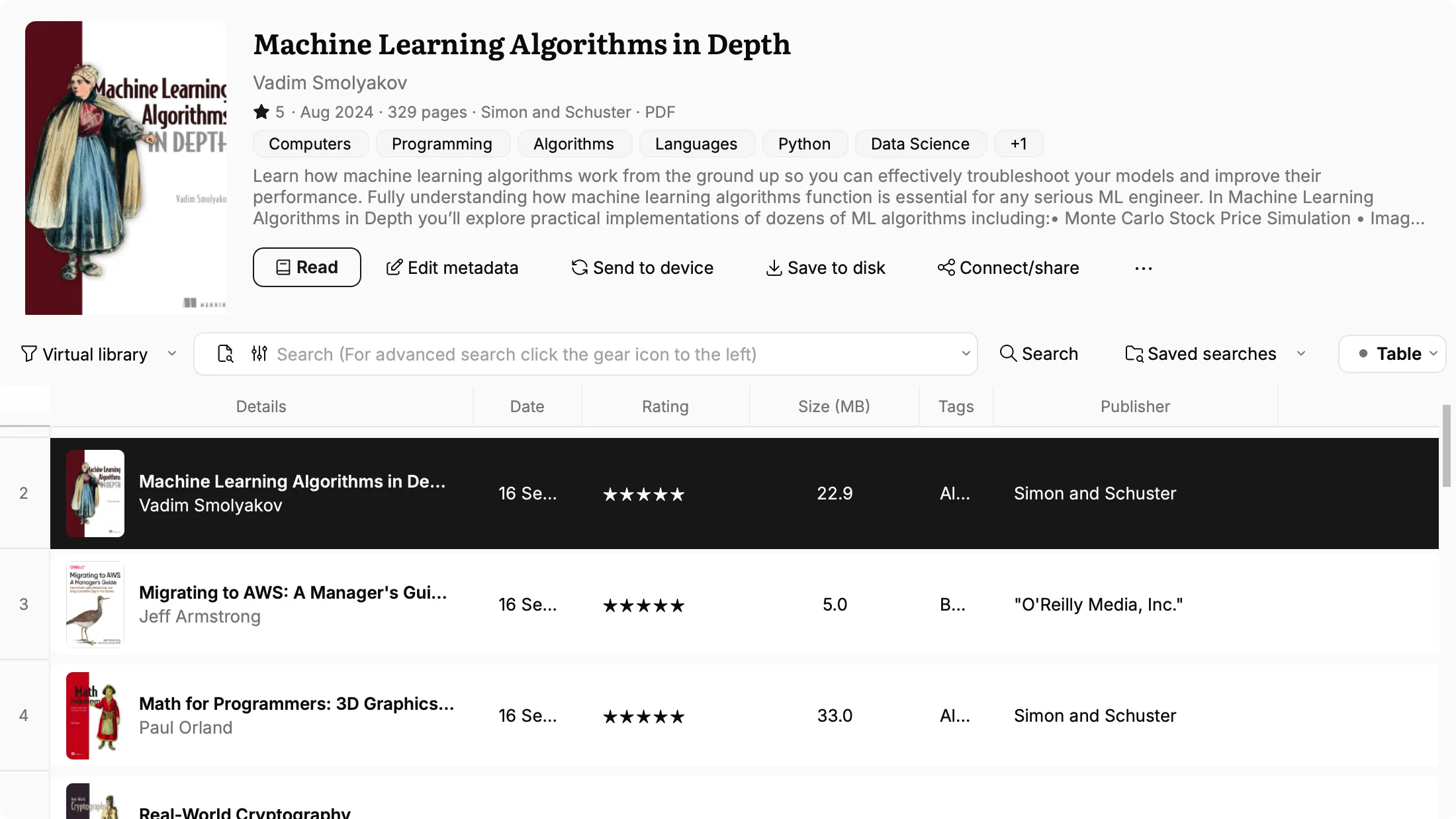 A book's cover, title, tags and description above the book list, with Read and Edit metadata buttons