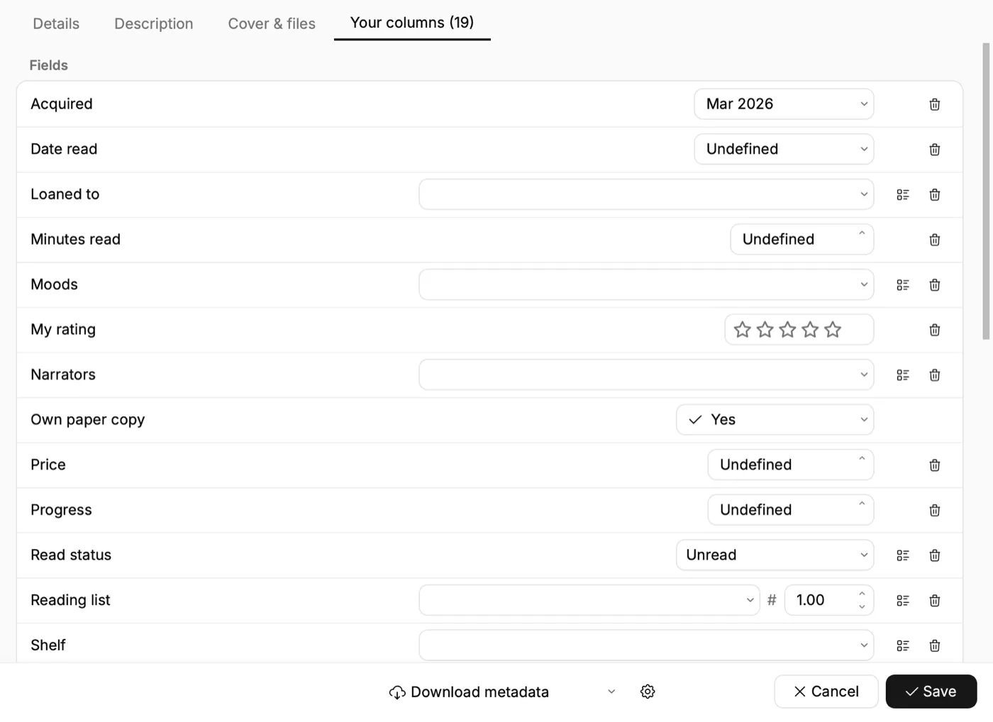 Your columns, as a grouped form.