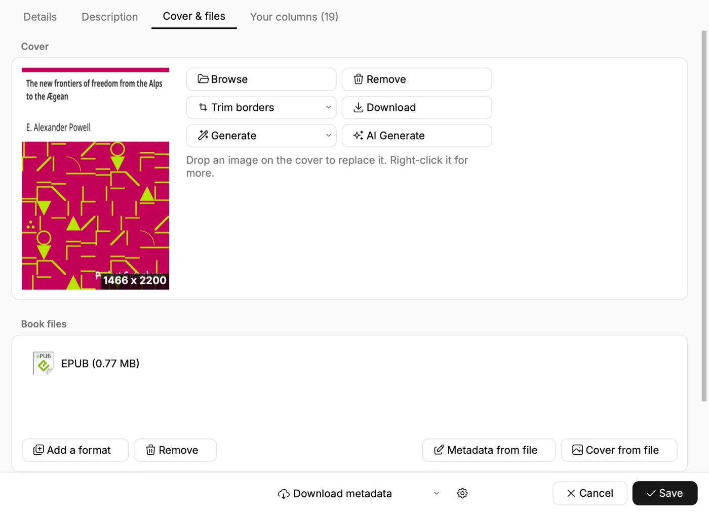 The Cover & files tab, with the cover beside its buttons and the book's files listed below