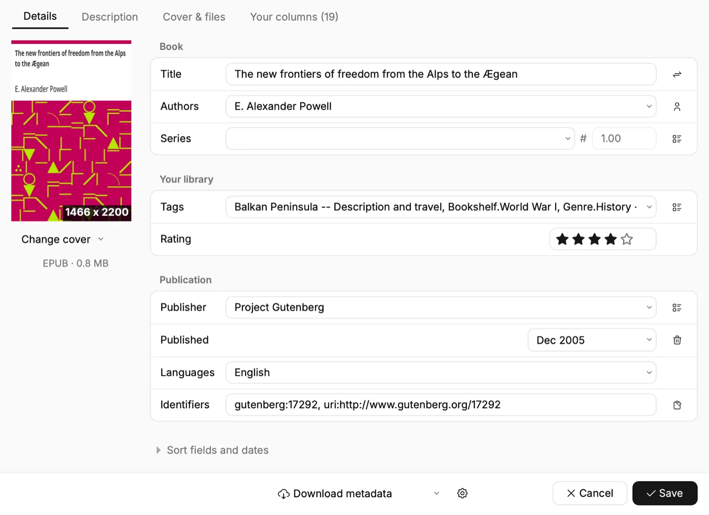 The Edit metadata window on the Details tab, with fields grouped under Book, Your library and Publication