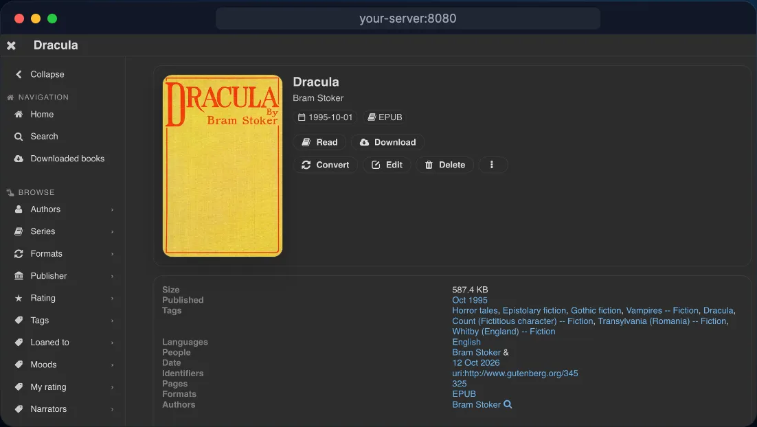 The calibre-zen web app in a browser, showing a book with Read and Download buttons