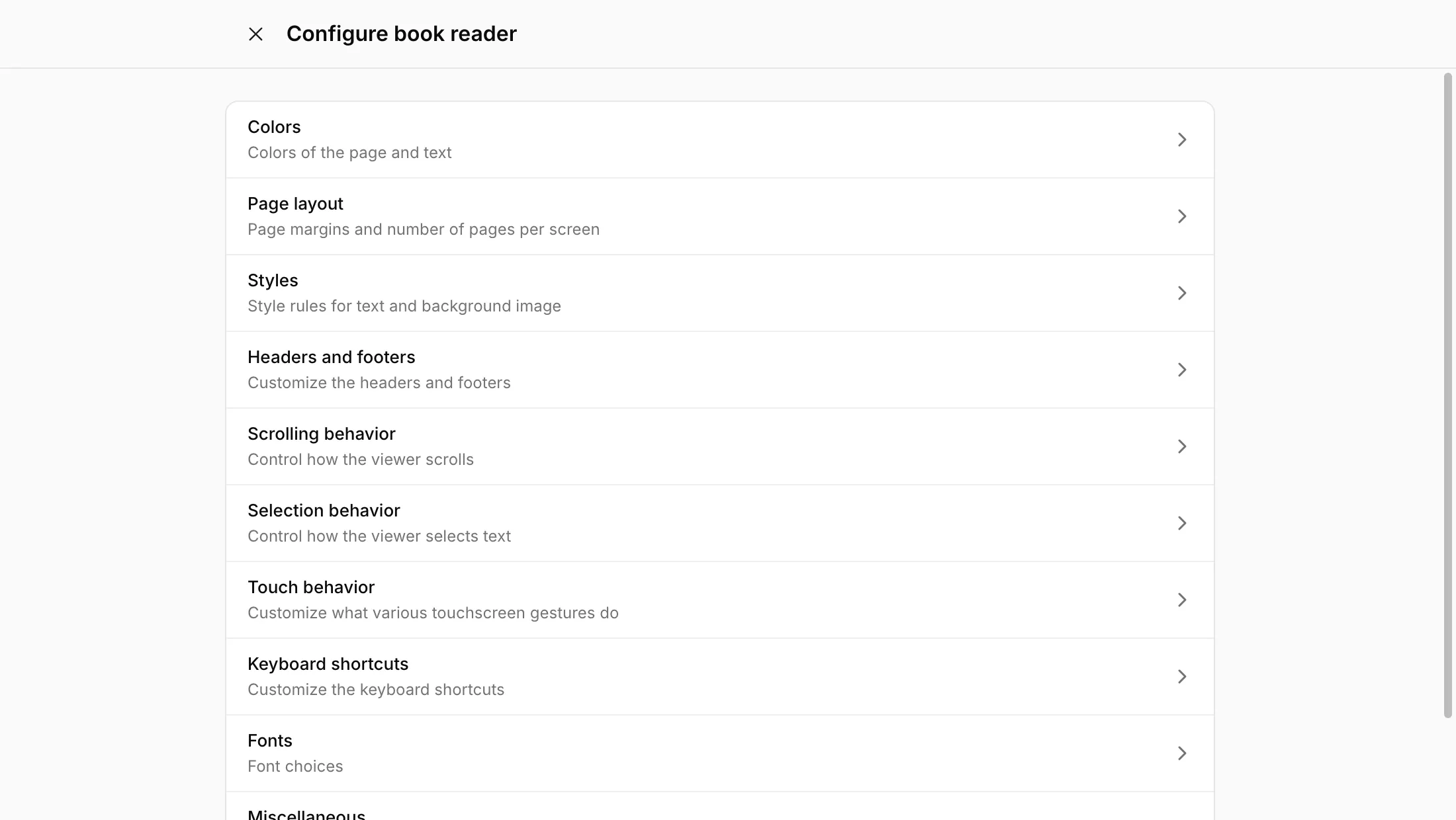 The reader's Preferences, a clean list of sections with a short description under each