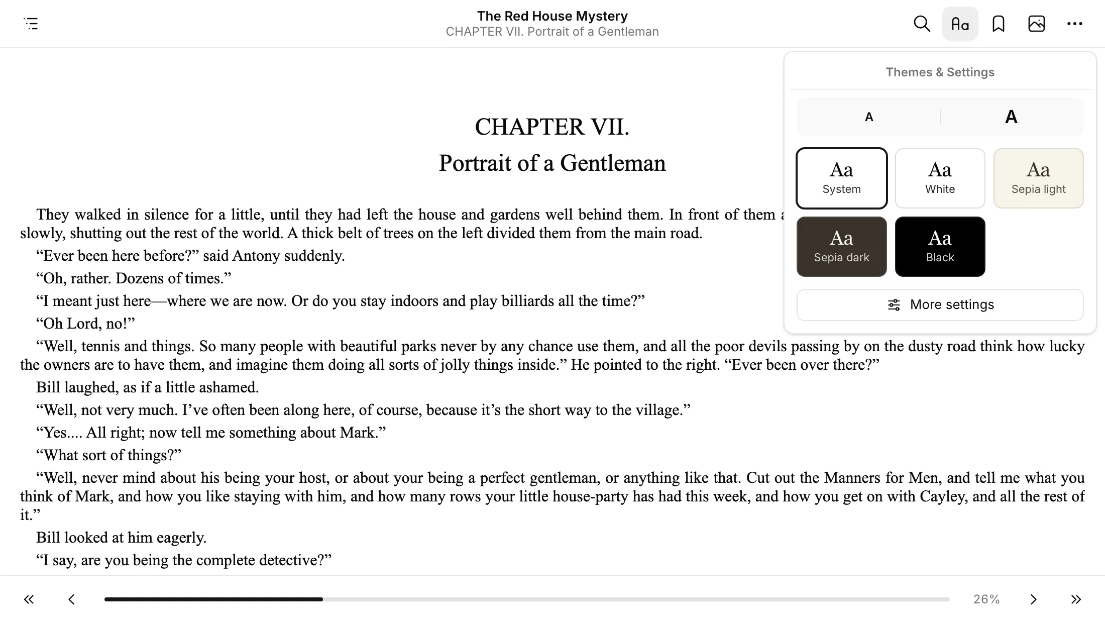 A book open in the reader, with the Themes & Settings menu showing text size and five reading themes
