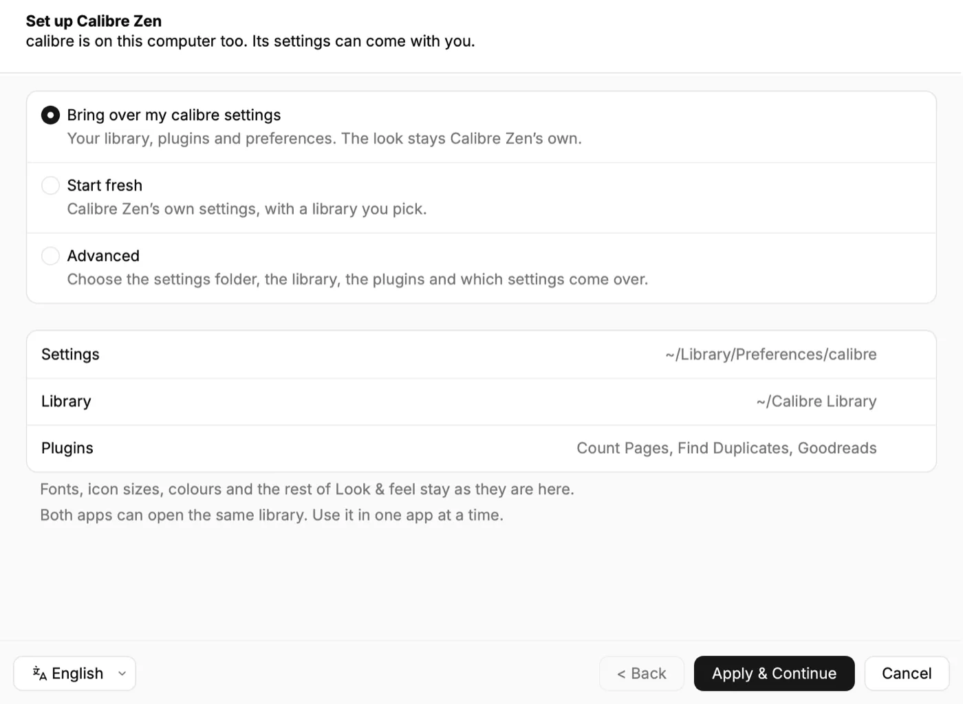 The welcome wizard with Bring over my calibre settings picked, listing the library and plugins it found