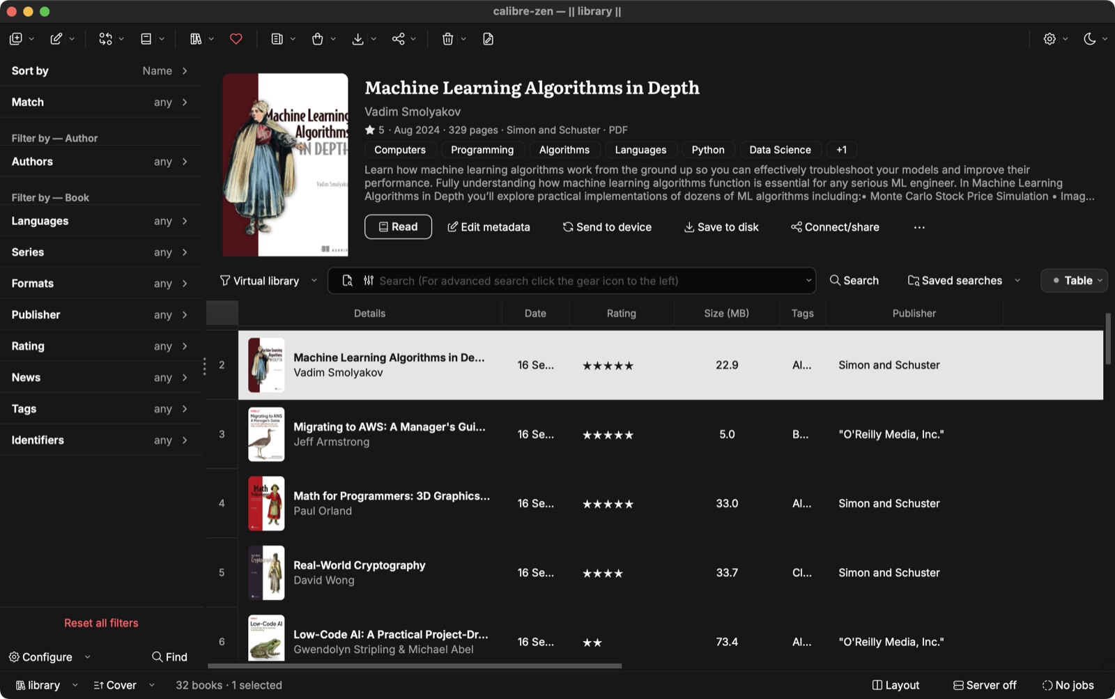 calibre-zen in dark mode, with the filter panel and the book list as row cards